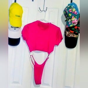 Hot Pink Ring-Detail Crop Top & High-Cut Bodysuit Set